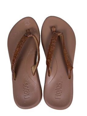 Flojos Fiesta  Sandals Brown Floral Embossed Strap Slip On Womens Sz 9
